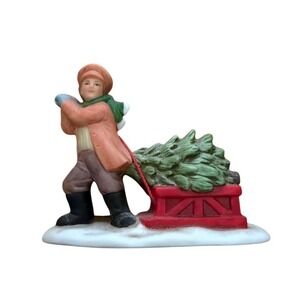 HOMCO Pleasant Hill Christmas Village Figurine Boy Pulling Tree on Sled 5208